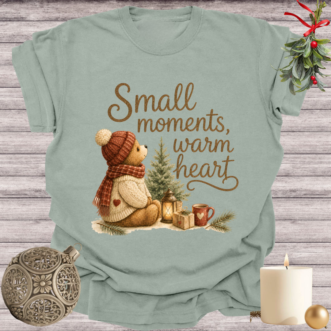 Bay garment-dyed Comfort Colors tee reading "small moments, warm heart", Soft Rebellion