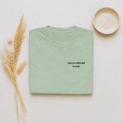 Bay garment-dyed Comfort Colors tee with "you are allowed to rest" embroidered on the chest, Soft Rebellion