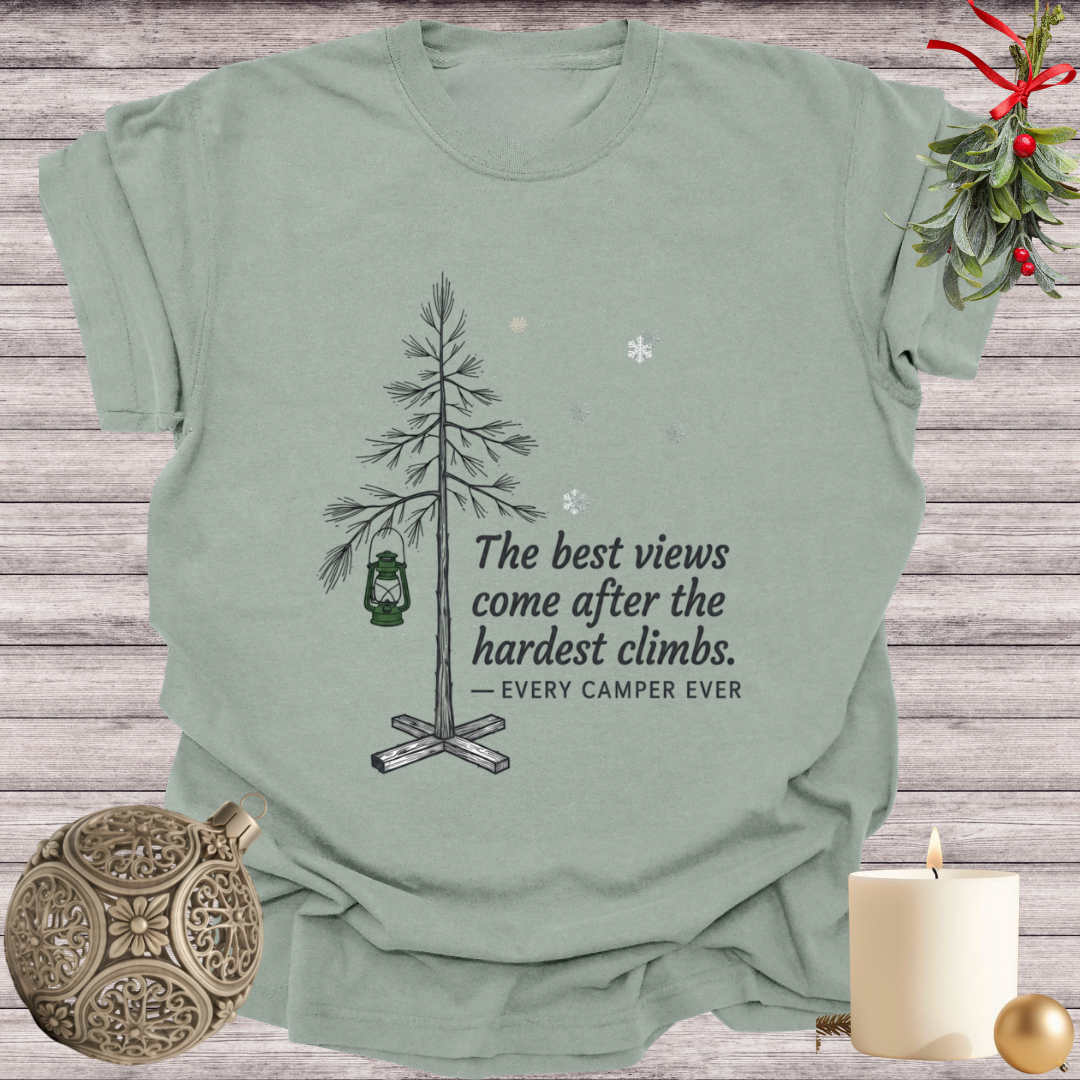 Bay garment-dyed Comfort Colors tee reading "the best views come after the hardest climbs", Soft Rebellion