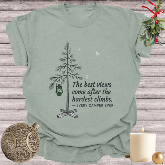 Bay garment-dyed Comfort Colors tee reading "the best views come after the hardest climbs", Soft Rebellion
