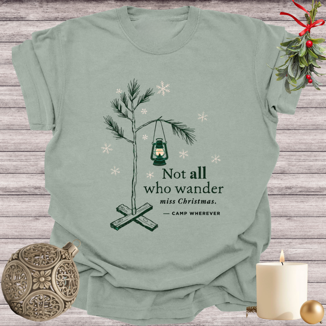 Bay garment-dyed Comfort Colors tee reading "not all who wander miss christmas", Soft Rebellion