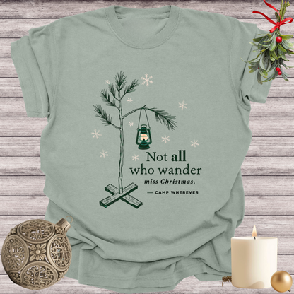 Bay garment-dyed Comfort Colors tee reading "not all who wander miss christmas", Soft Rebellion