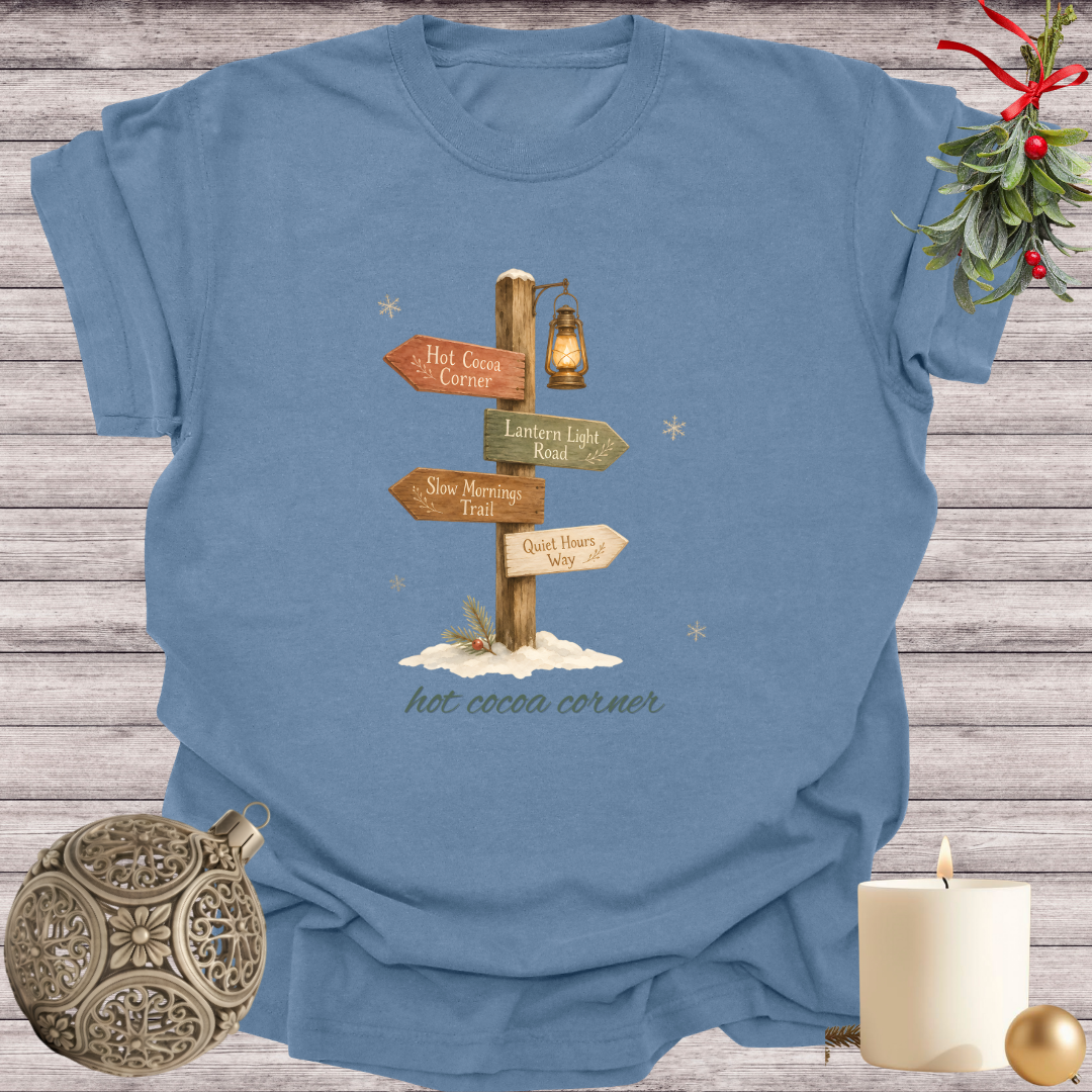 Blue Jean garment-dyed Comfort Colors tee reading "hot cocoa corner", Soft Rebellion