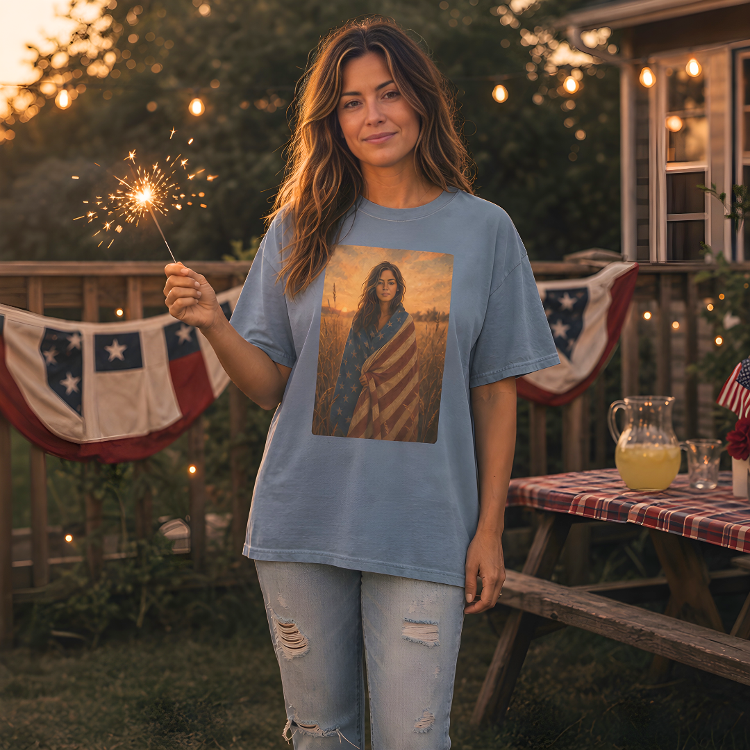 woman in a blue jean garment-dyed Comfort Colors tee with a personalized worn soft flag portrait, Soft Rebellion