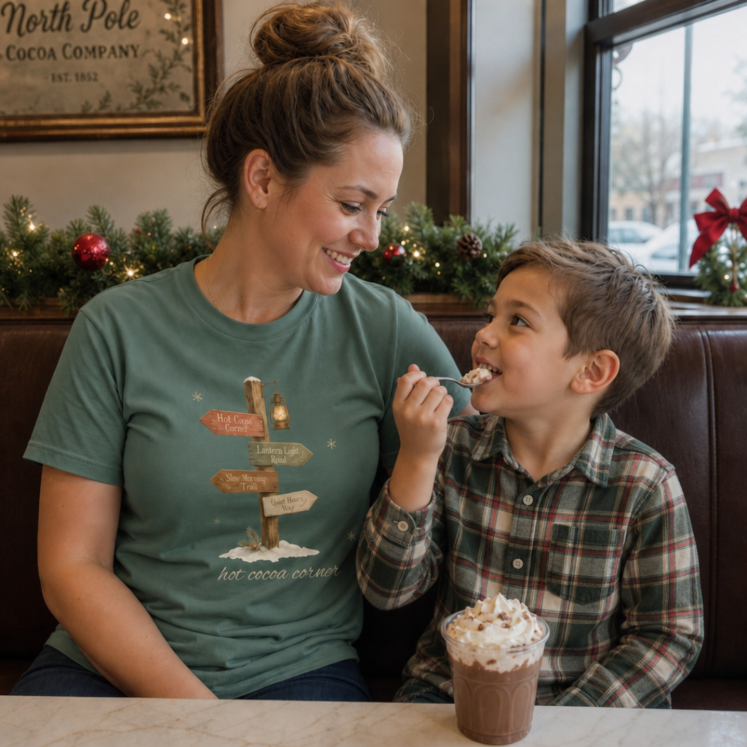 Blue Spruce garment-dyed Comfort Colors tee reading "hot cocoa corner", Soft Rebellion