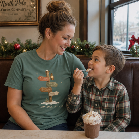 Blue Spruce garment-dyed Comfort Colors tee reading "hot cocoa corner", Soft Rebellion