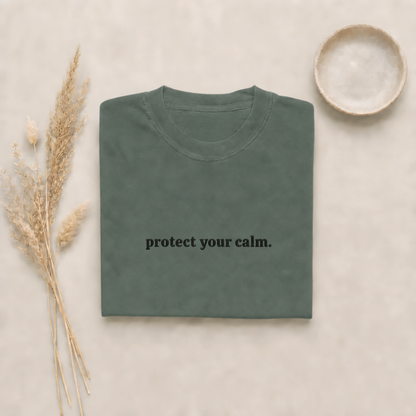Blue Spruce garment-dyed Comfort Colors tee with "protect your calm" embroidered on the chest, Soft Rebellion