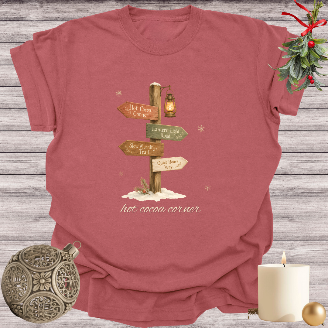Brick garment-dyed Comfort Colors tee reading "hot cocoa corner", Soft Rebellion