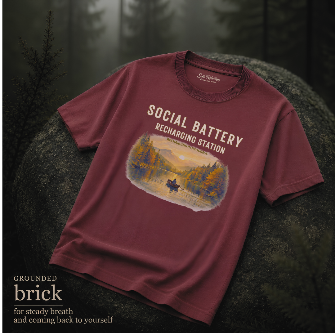 Brick garment-dyed Comfort Colors tee reading "Social Battery", Soft Rebellion