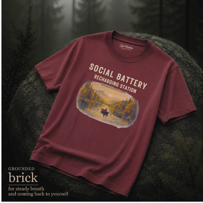 Brick garment-dyed Comfort Colors tee reading "Social Battery", Soft Rebellion