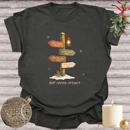 Graphite garment-dyed Comfort Colors tee reading "hot cocoa corner", Soft Rebellion