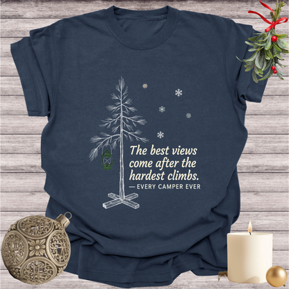 Navy garment-dyed Comfort Colors tee reading "the best views come after the hardest climbs", Soft Rebellion