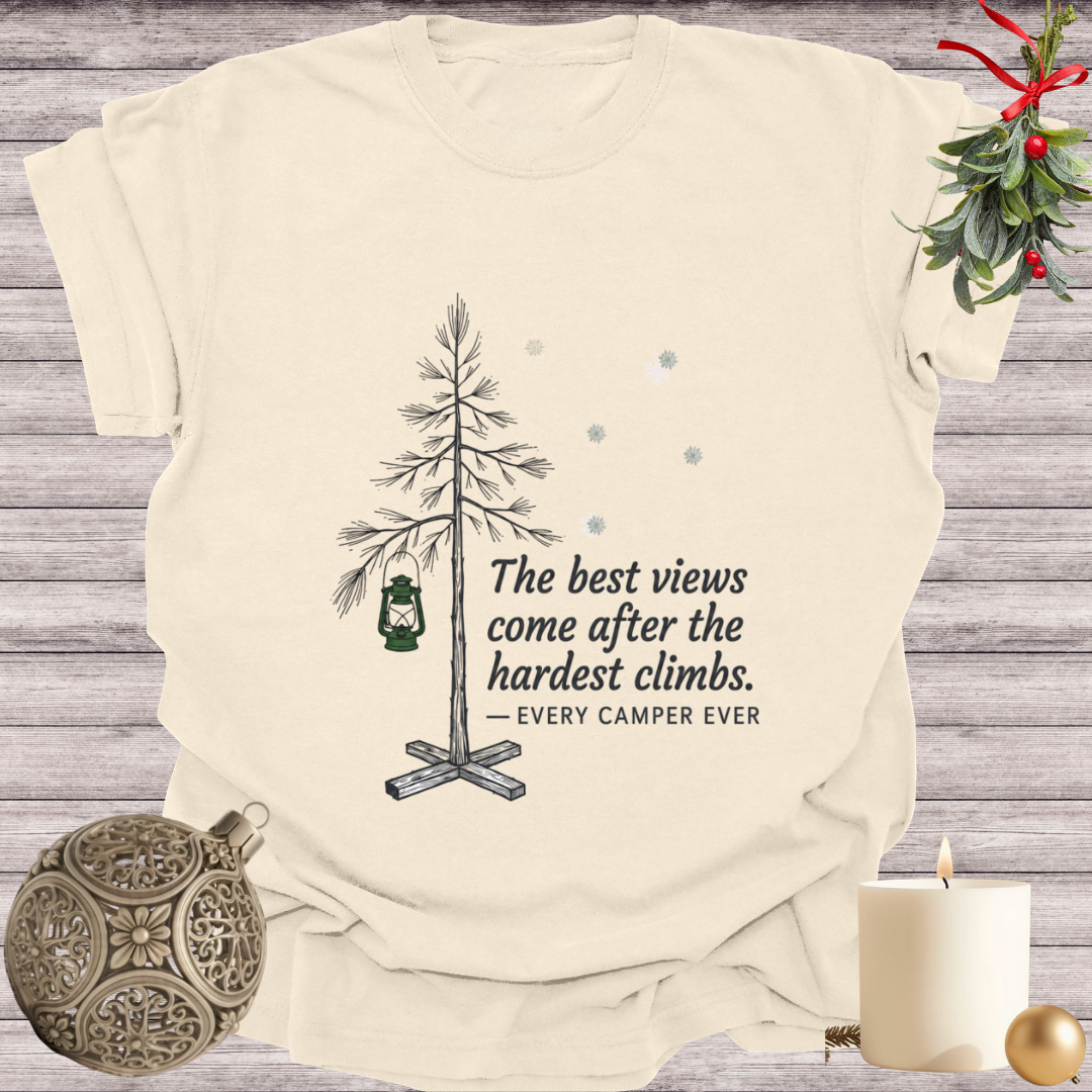 Ivory garment-dyed Comfort Colors tee reading "the best views come after the hardest climbs", Soft Rebellion