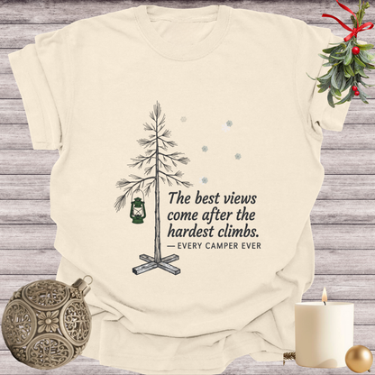 Ivory garment-dyed Comfort Colors tee reading "the best views come after the hardest climbs", Soft Rebellion