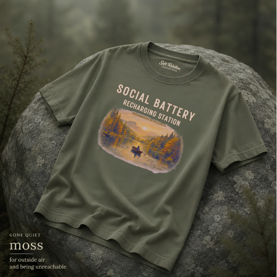 Moss garment-dyed Comfort Colors tee reading "Social Battery", Soft Rebellion