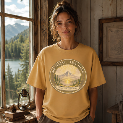 Mustard garment-dyed Comfort Colors tee reading "Mentally I Live Here", Soft Rebellion