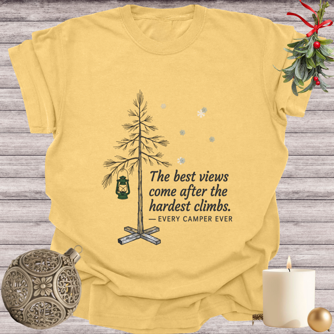 Mustard garment-dyed Comfort Colors tee reading "the best views come after the hardest climbs", Soft Rebellion