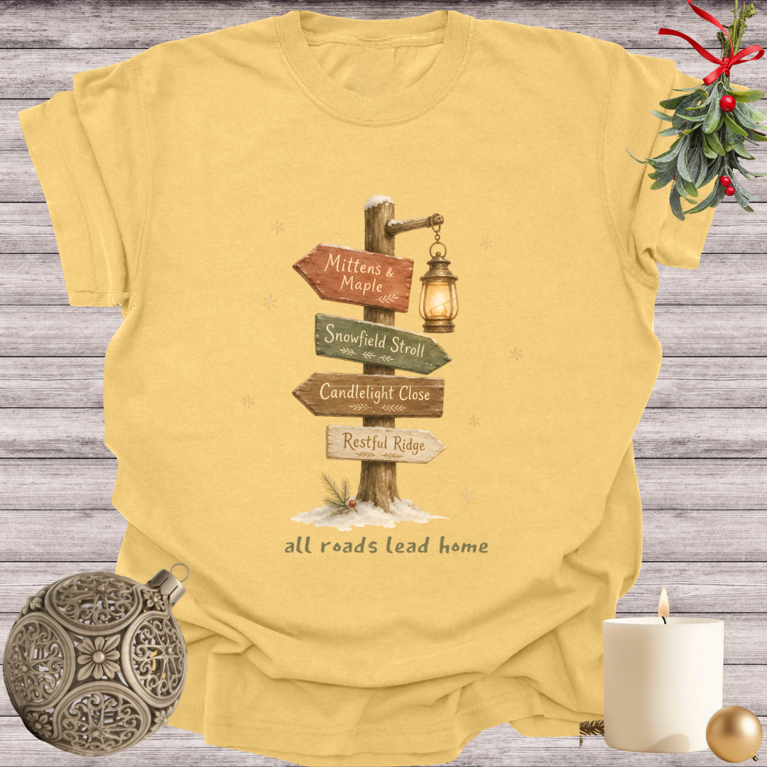 Mustard garment-dyed Comfort Colors tee reading "all roads lead home", Soft Rebellion
