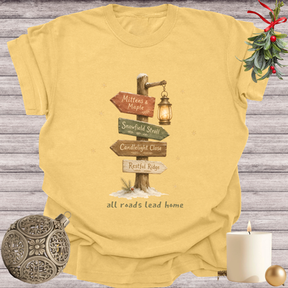 Mustard garment-dyed Comfort Colors tee reading "all roads lead home", Soft Rebellion