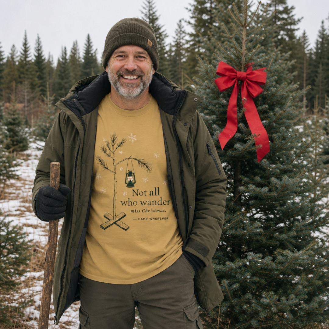 Mustard garment-dyed Comfort Colors tee reading "not all who wander miss christmas", Soft Rebellion