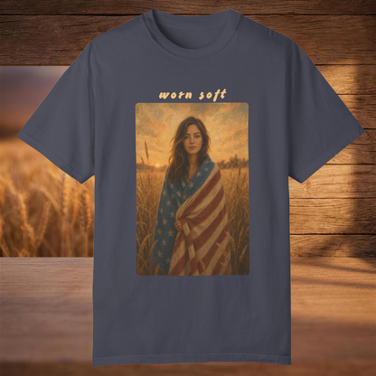 navy garment-dyed Comfort Colors tee with a personalized worn soft flag portrait, Soft Rebellion
