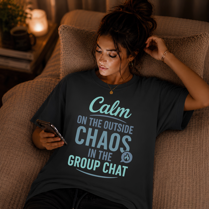 Garment-dyed Comfort Colors tee reading "Calm on the Outside, Chaos in the Group Chat", Soft Rebellion