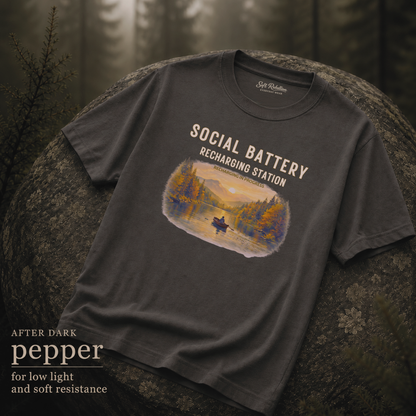 Pepper garment-dyed Comfort Colors tee reading "Social Battery", Soft Rebellion