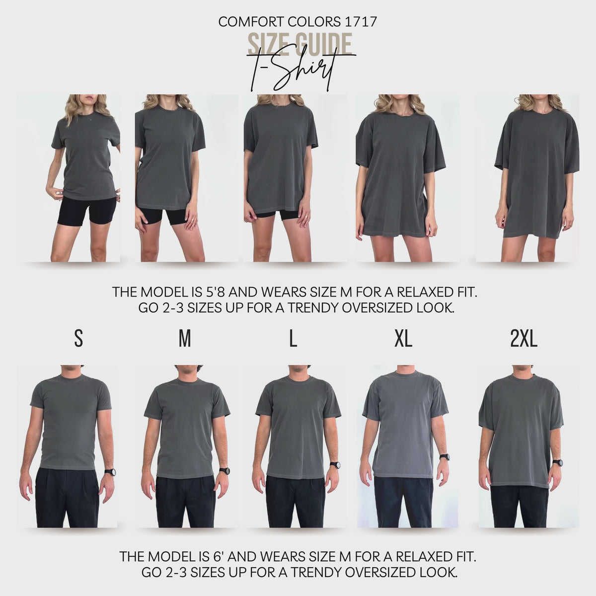 size guide video: comfort colors 1717 tee on two models, sizes s to 2xl, soft rebellion